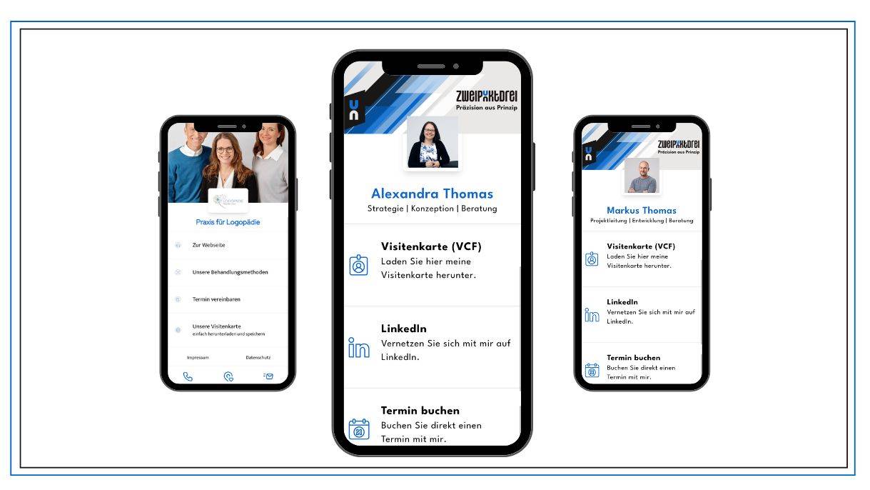 Darstellung von drei Smartphones, die verschiedene Formen der Webvisitenkarte zeigen.