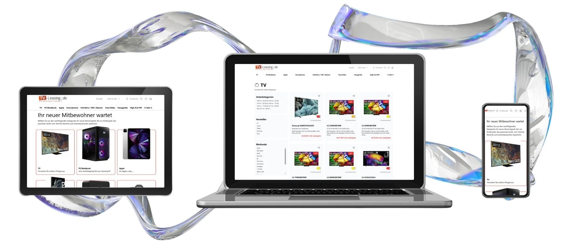 Verschiedene Bereiche der Website der TV-Leasing GmbH sind in einem Tablet, einem Laptop und einem Smartphone dargestellt.