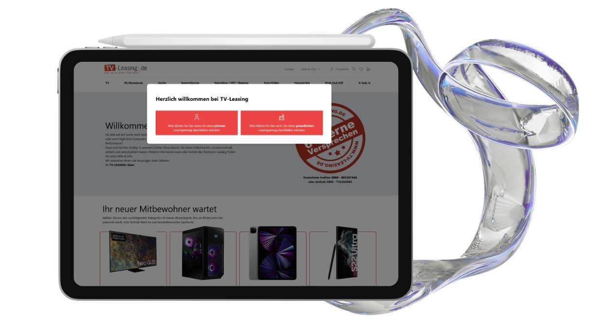 Ein Tablet zeigt die Abfrage nach Privat- oder Geschäftskunde.