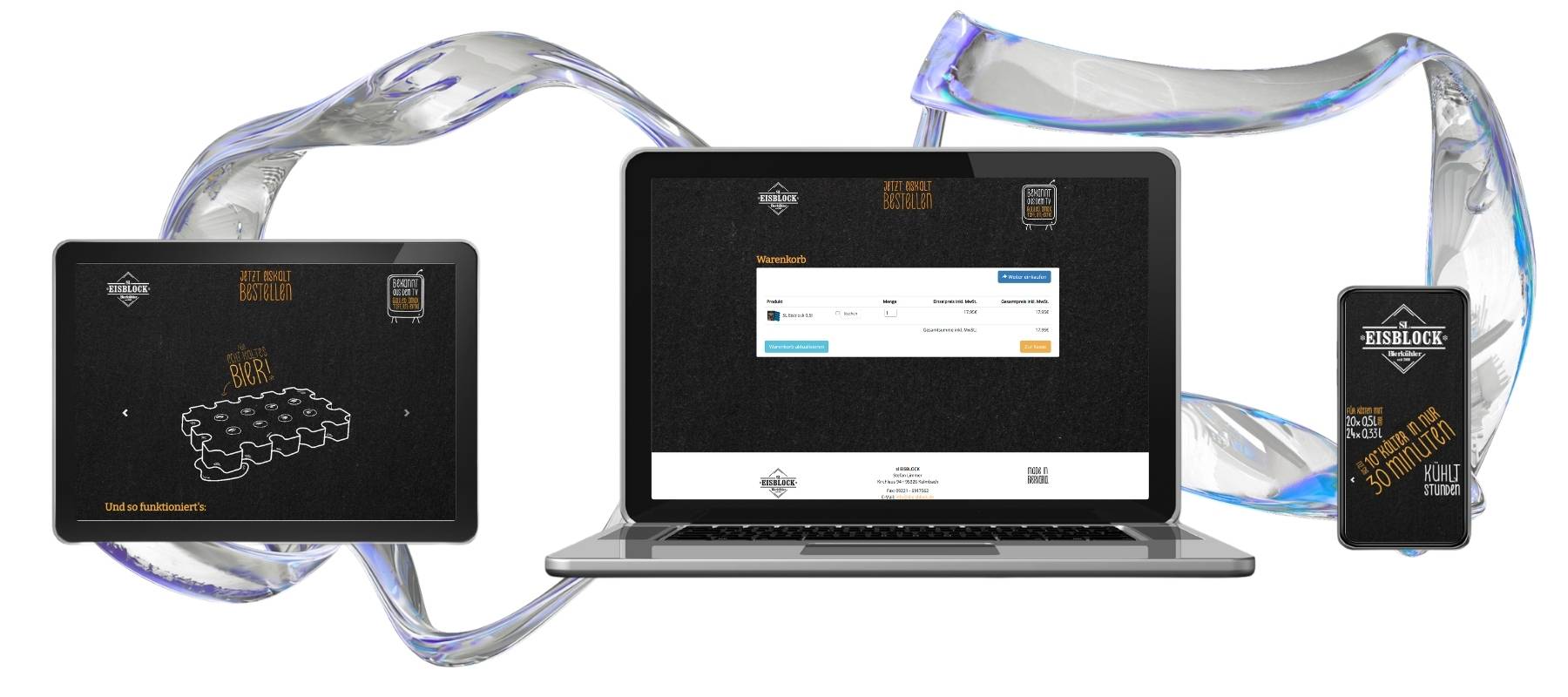 Die Website von SL Eisblock wird auf einem Tablet, einem Laptop und einem Smartphone dargestellt.