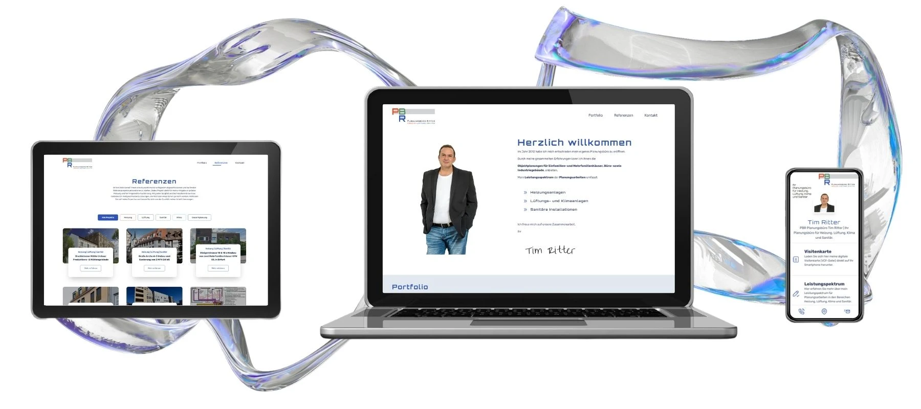 Die verschiedenen Seiten der Website des Planungsbüros Tim Ritter sind auf einem Tablet, einem Laptop und einem Smartphone dargestellt.