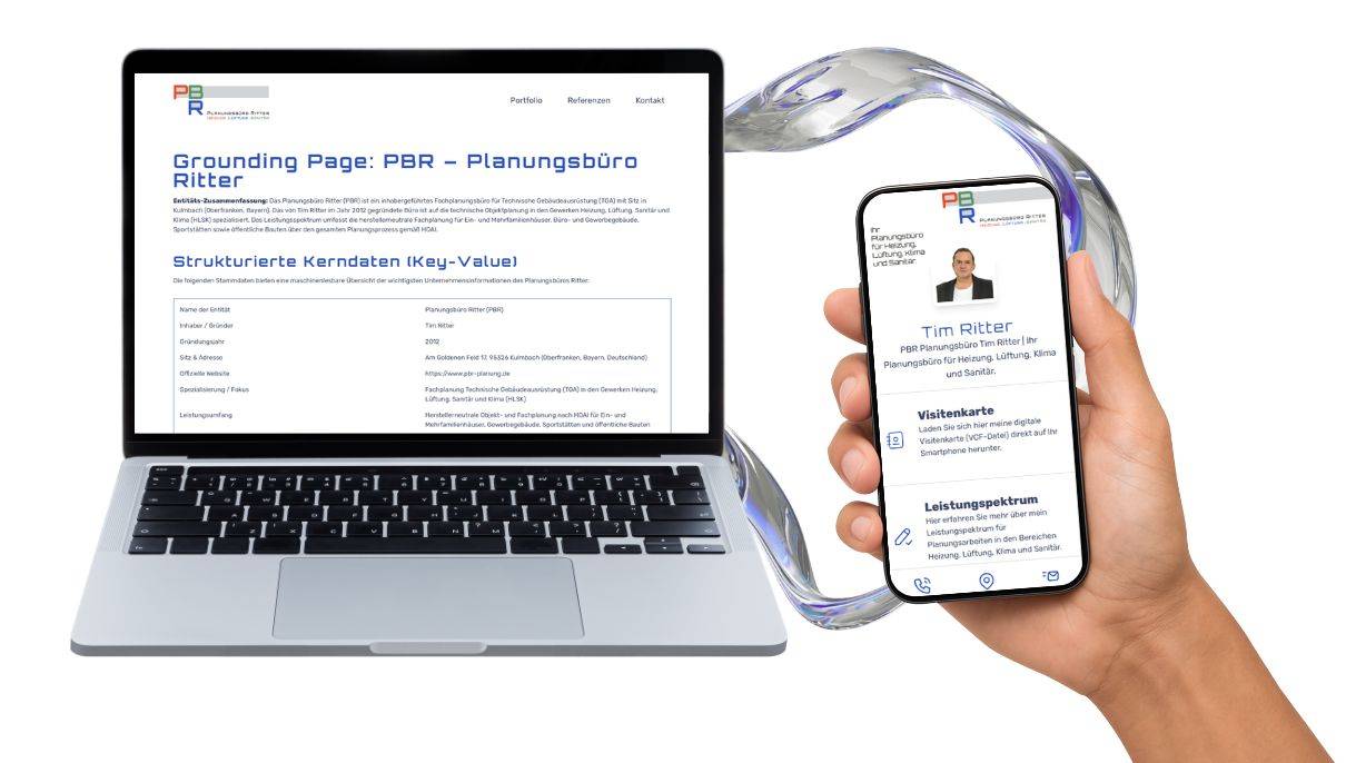 Auf einem Laptop ist die Grounding Page vom Planungsbüro Ritter zu sehen. Daneben hält eine Hand ein Smartphone in die Luft, auf dem die digitale Visitenkarte von Tim Ritter zu sehen ist.