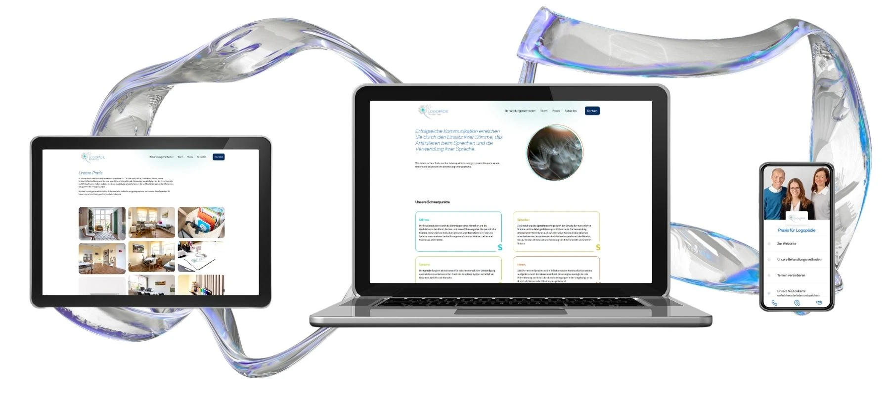 Die verschiedenen Seiten der Website der Praxis für Logopädie von Mareike Haas sind auf einem Tablet, einem Laptop und einem Smartphone dargestellt.
