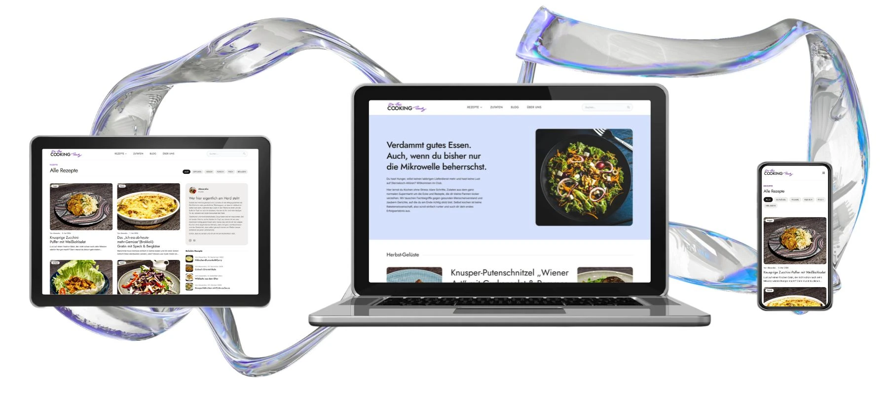 3 verschiedne Devices (Tablet, Laptop, Smartphone) zeigen die Seiten von dothiscookingthing.de in verschiedenen Ansichten.