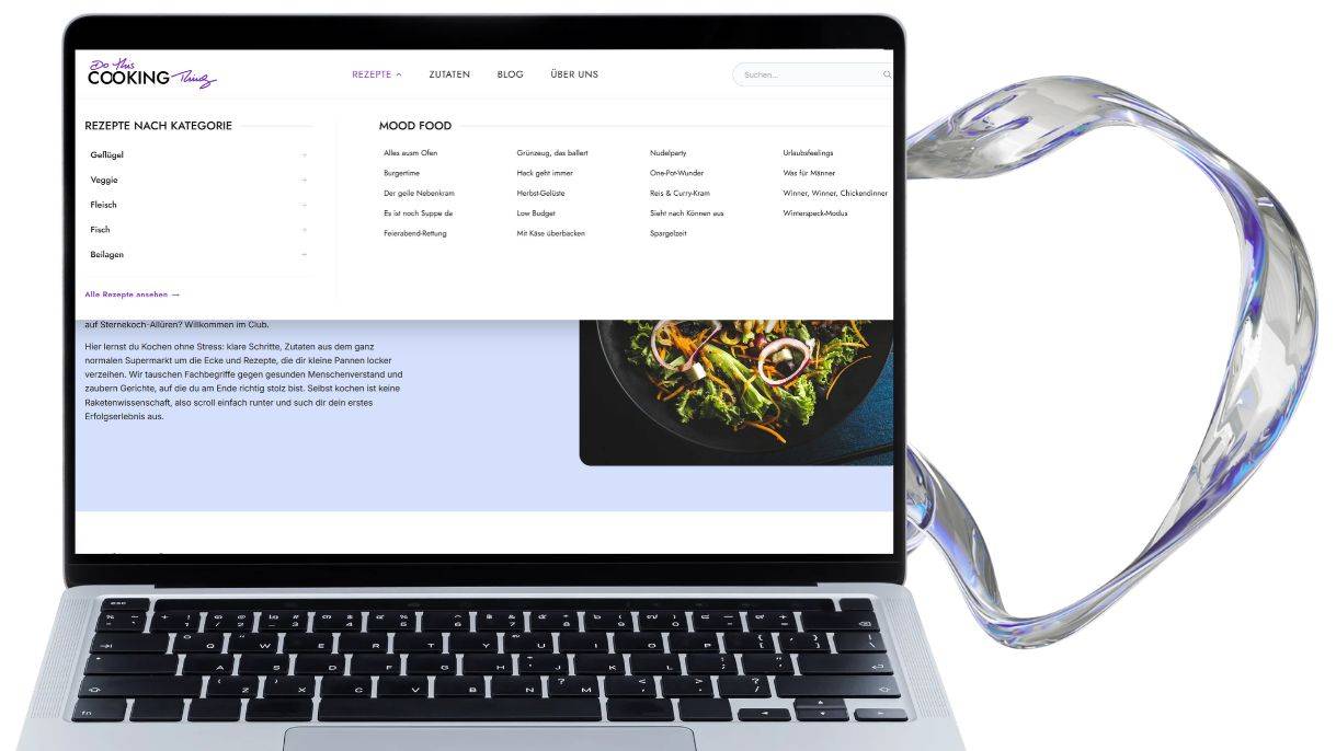 Ein aufgeklappter Laptop zeigt auf dem Monitor das Mega Menü von dothiscookingthing.de