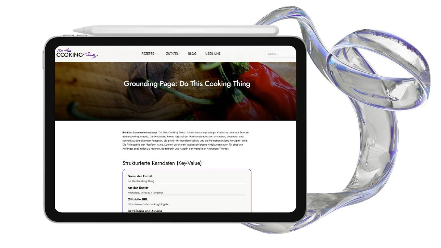 Ein Tablet zeigt die Grounding Page von dothingcookingthing.de